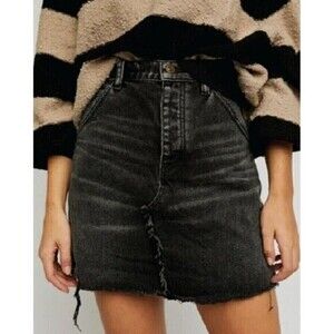 Free People Skirt We The Free Womens 25 Black Mini Denim Jean Button Fly Raw Hem